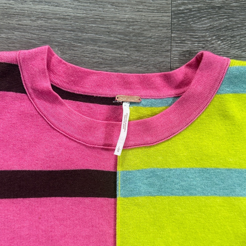 Free People Pink and Yellow Striped Sweater Large Oversized Color block Crewneck - Picture 6 of 7
